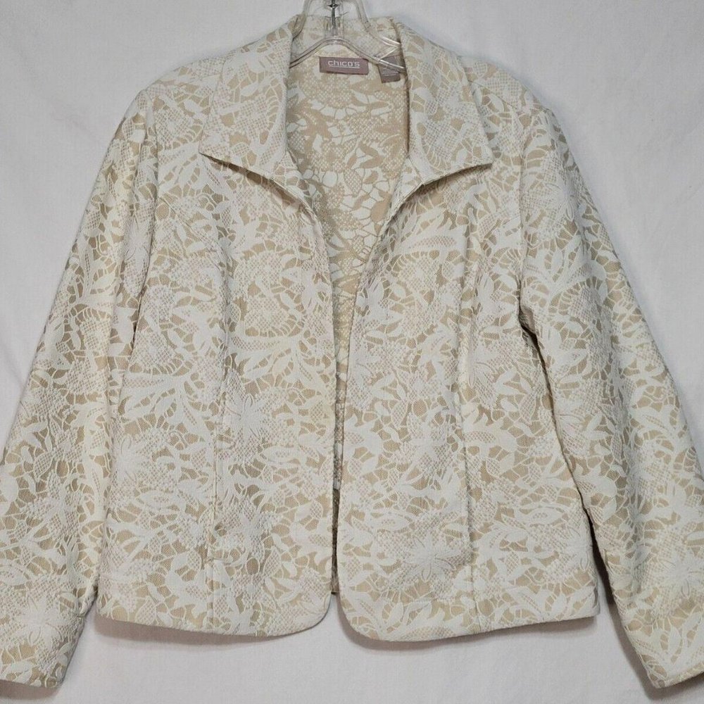 Chico's Lace Jacquard Jarrah Pattern Peyote Beige Cream Jacket - Women’s Size 1
